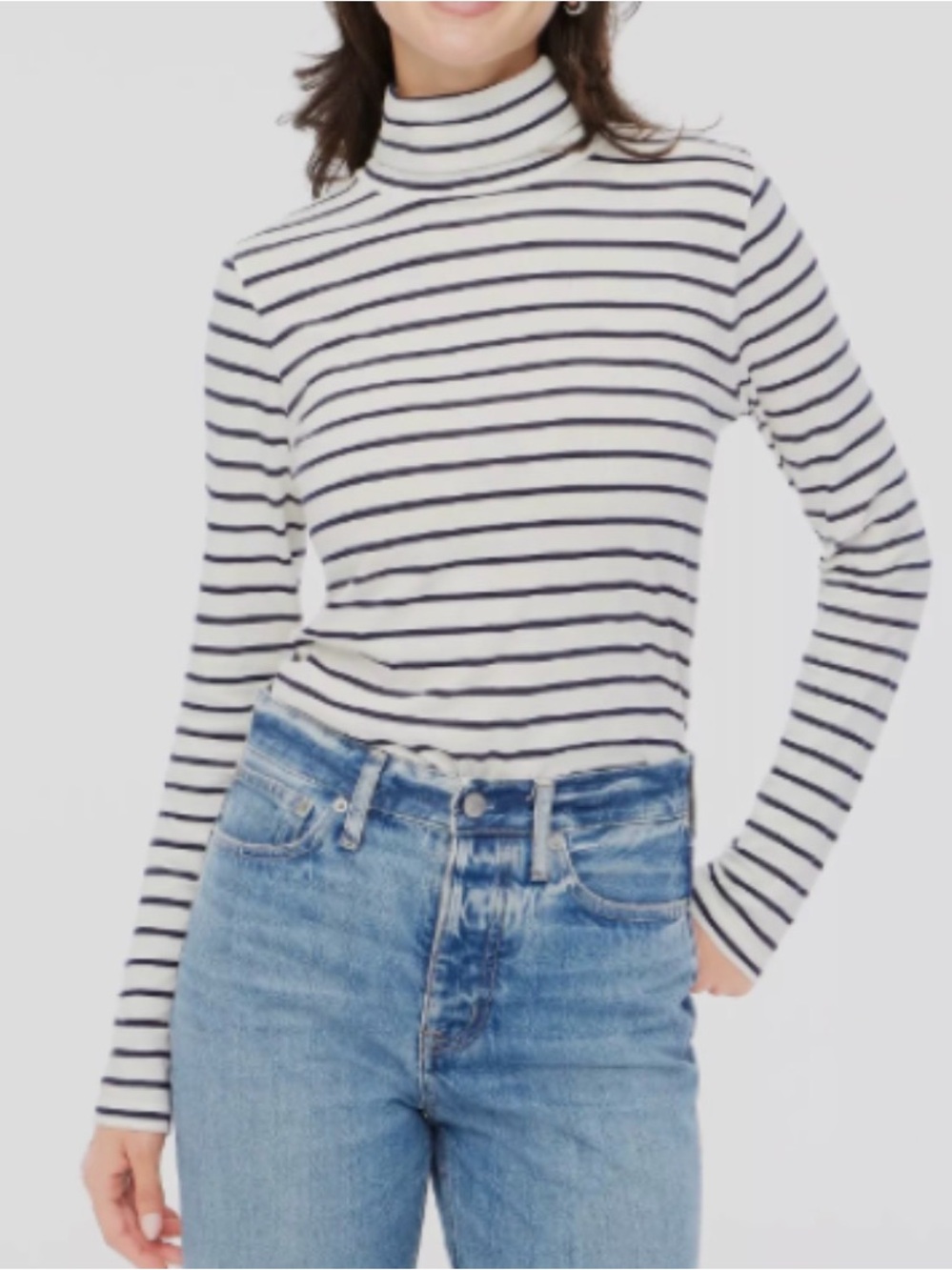 J. Crew White Turtleneck with Navy Stripes Long Sleeve Top